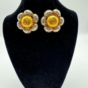 CHANEL Gold and Silver Flower Clip Earrings